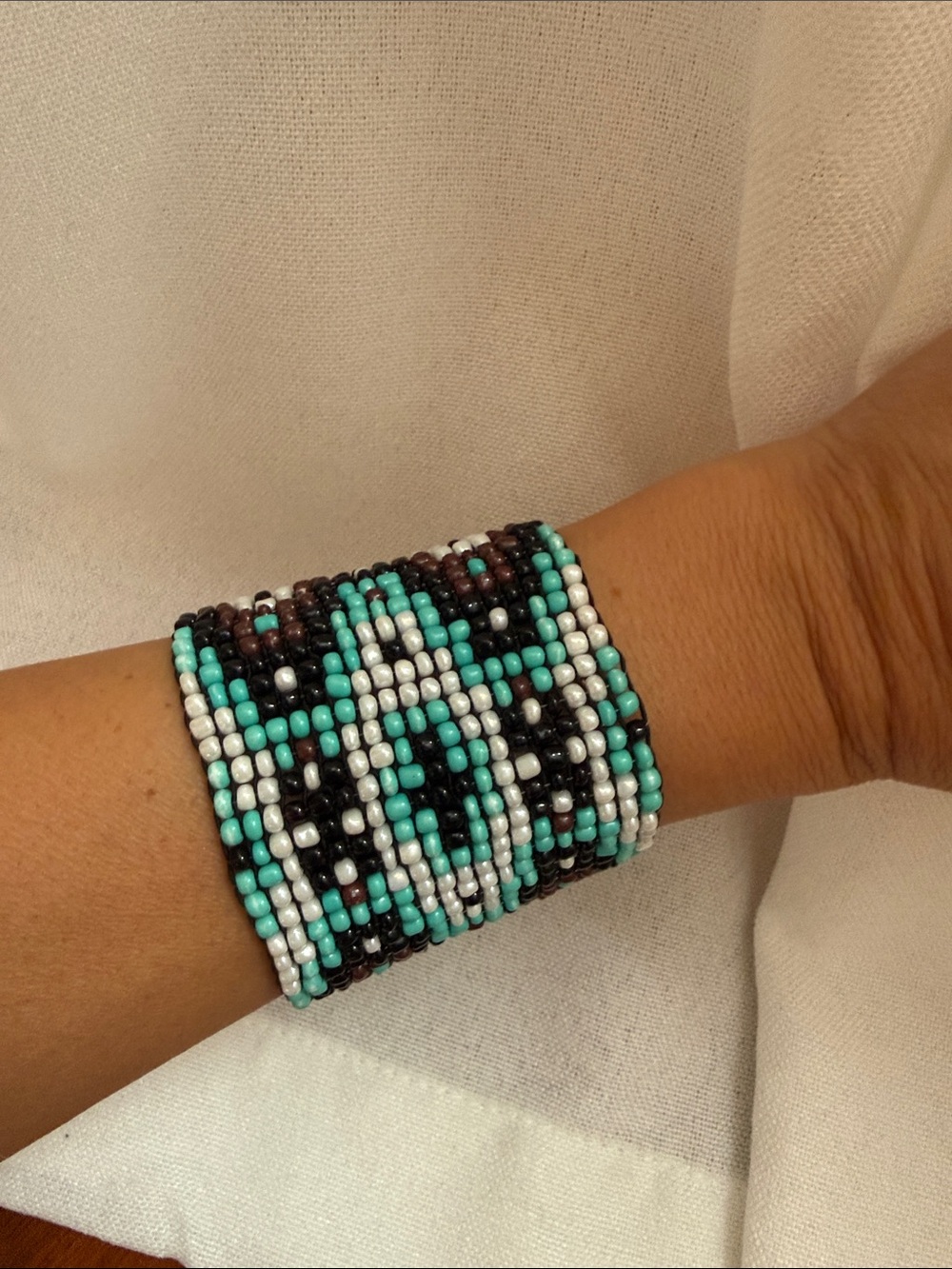 Stretch Turquoise & White Beaded Cuff Bracelet